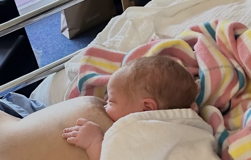 A newborn baby resting skin to skin on their mother’s chest