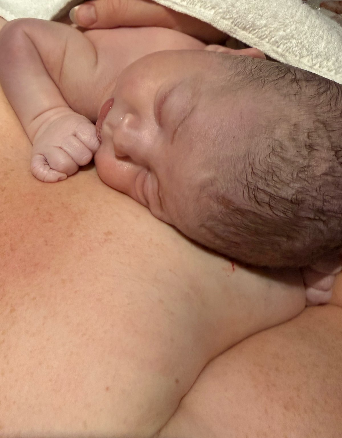Newborn baby resting skin to skin after birth, eyes closed and fist tucked by their mouth